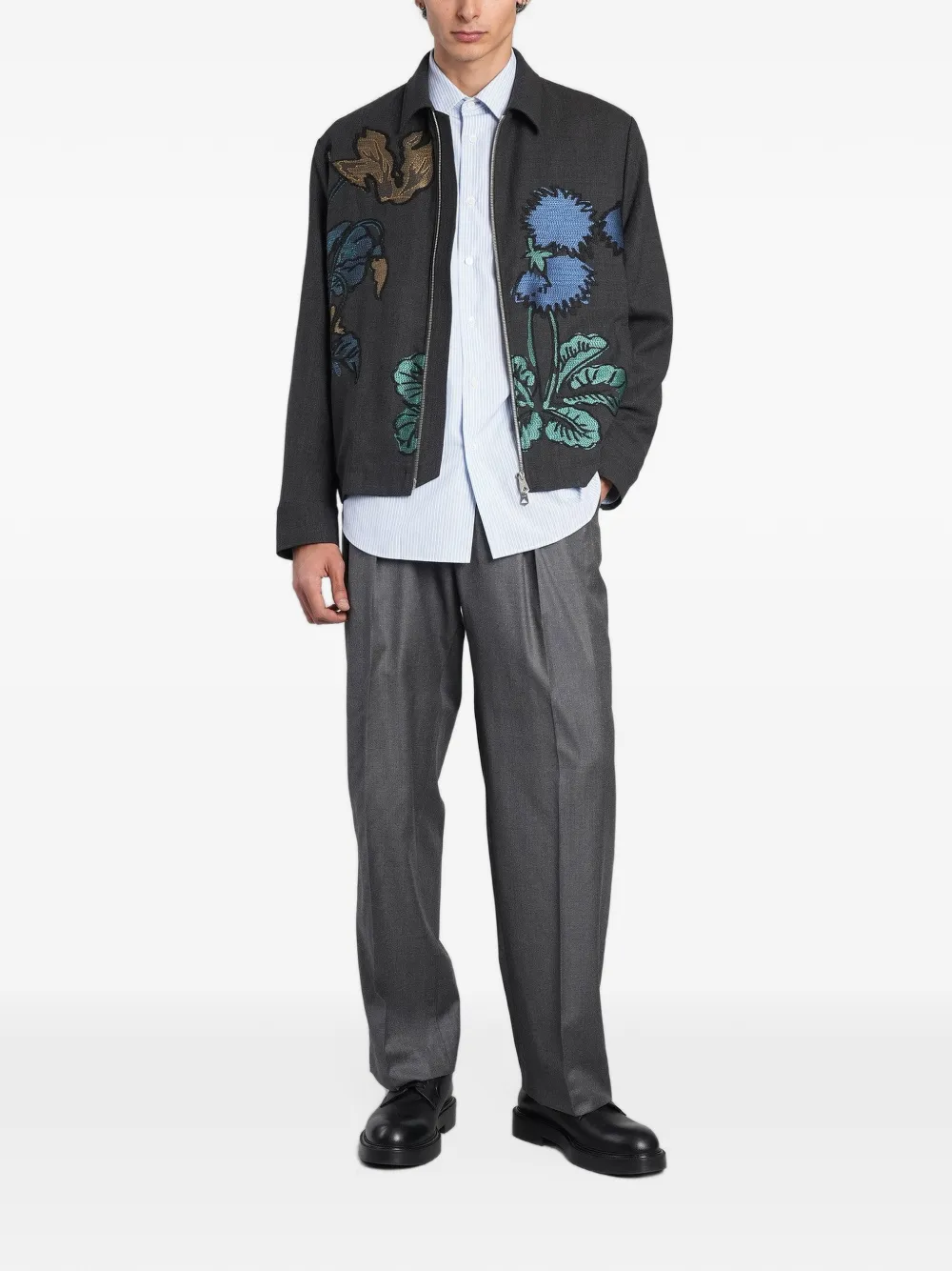 Paul Smith floral-embroidered zip-up shirt jacket Grijs