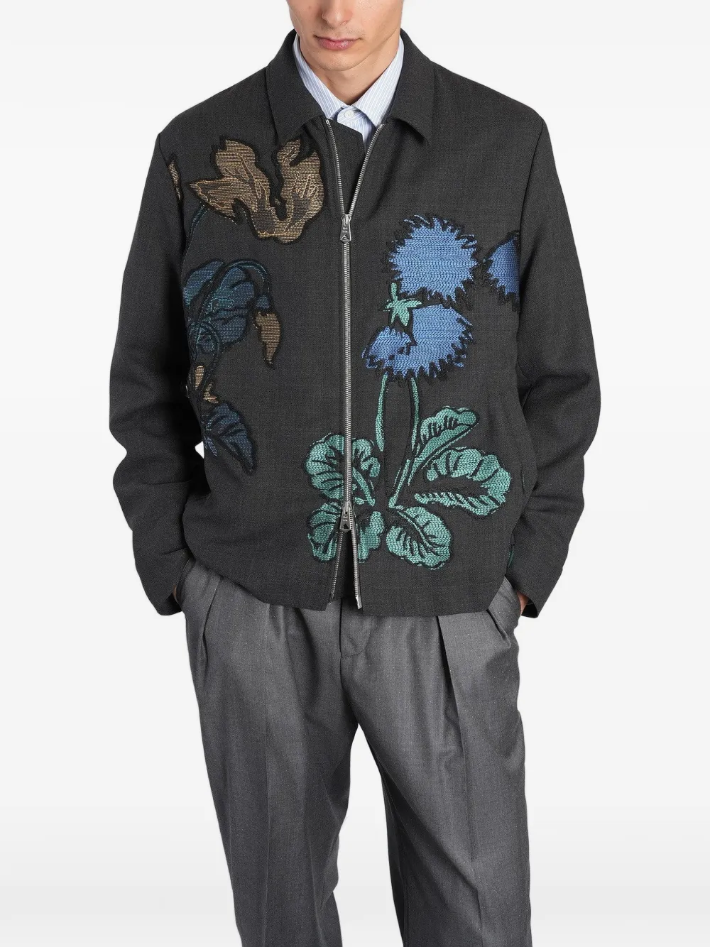 Paul Smith floral-embroidered zip-up shirt jacket Grijs