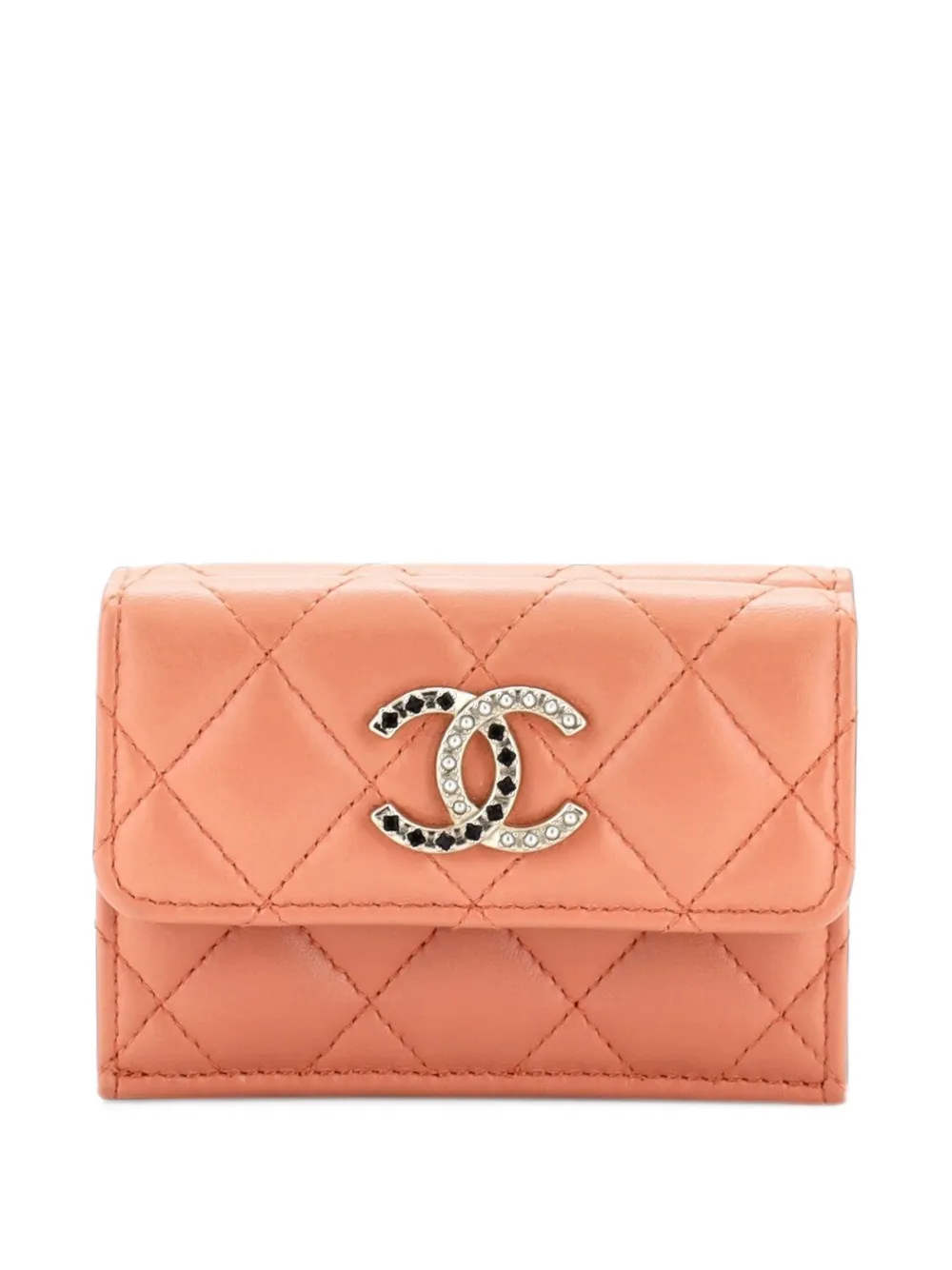 CHANEL Pre-Owned CC Pearl Enamel Trifold Flap Wallet Quilted Lambskin small wallets - Nude