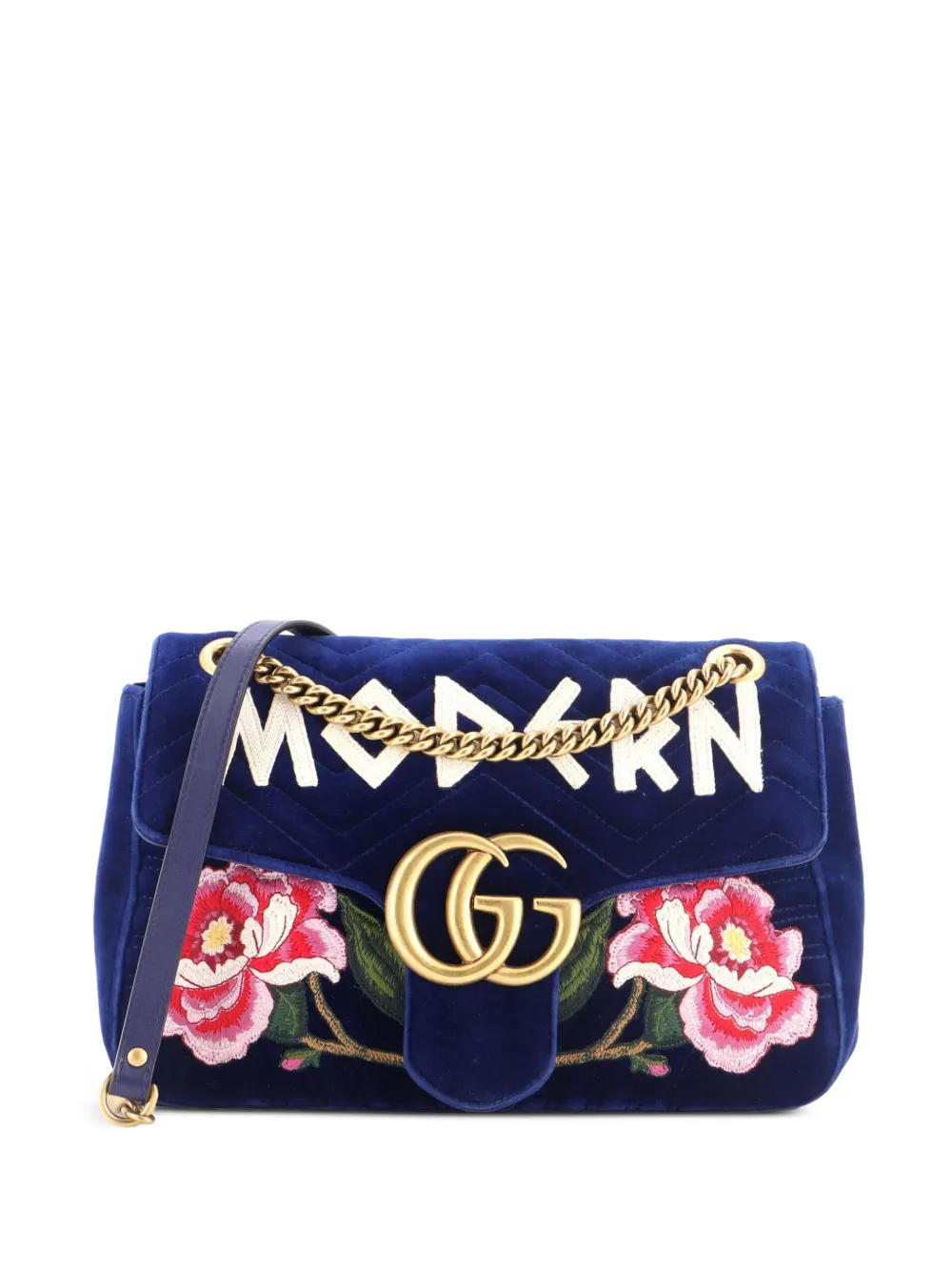 Gucci Pre-Owned GG Marmont Flap Bag Embroidered Matelasse Velvet Medium shoulder bag - Blu
