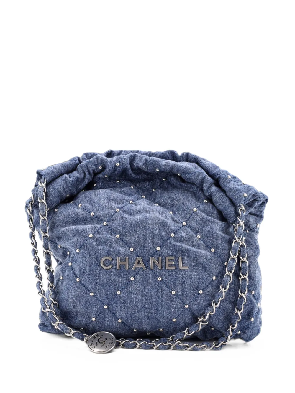 CHANEL Pre-Owned 22 Chain Quilted Studded Denim Small hobo bag - Blu