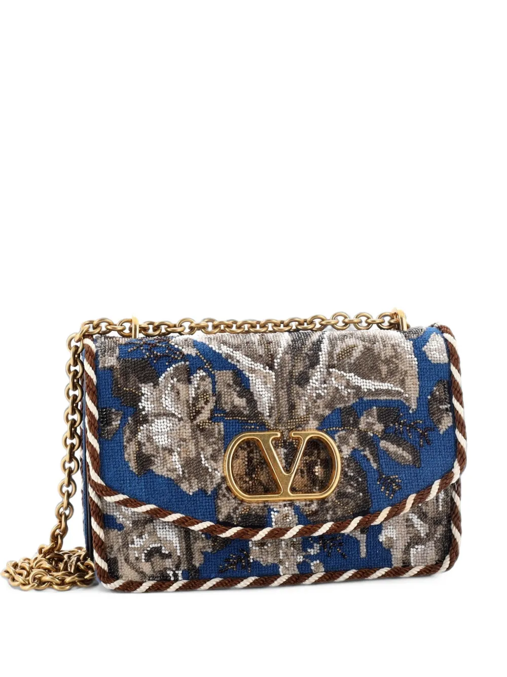 Valentino Garavani Pre-Owned VLogo Vain Beaded Embroidered Silk Medium shoulder bag - Blu