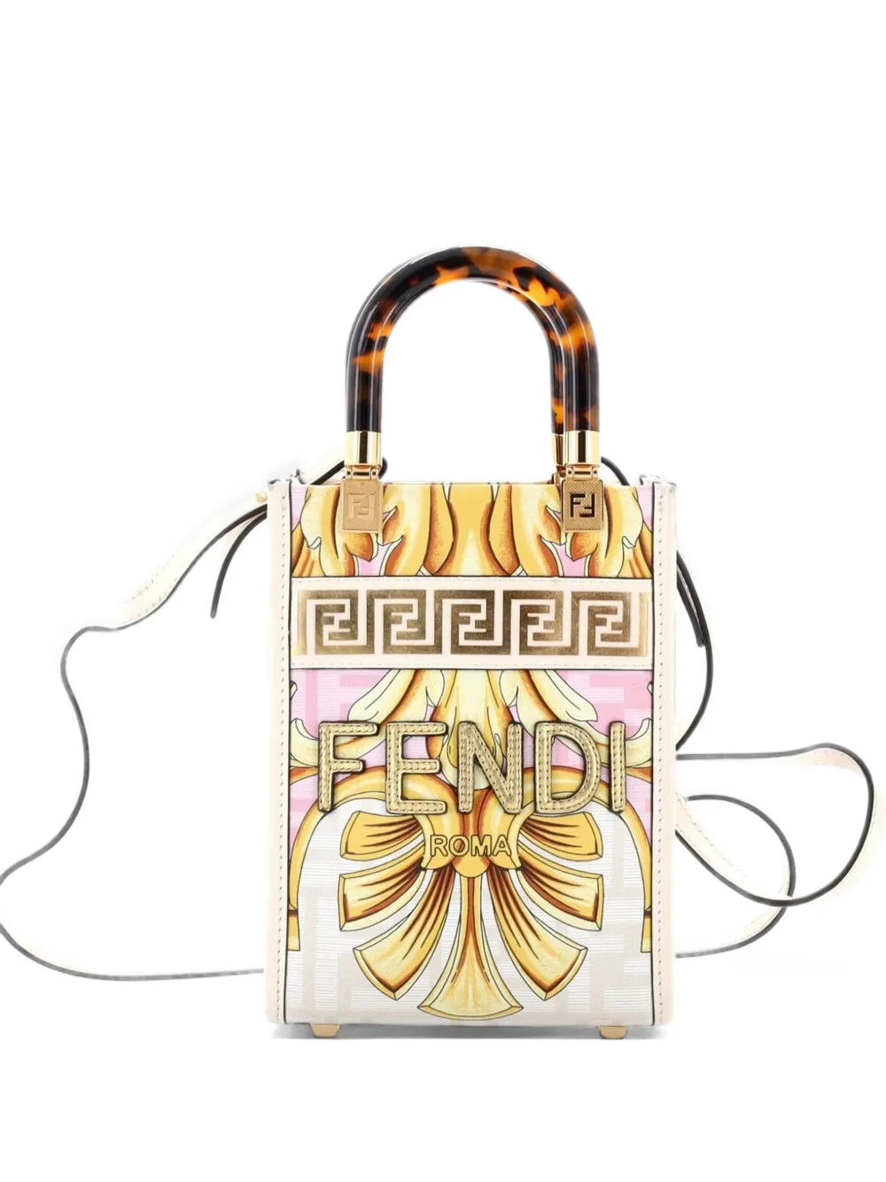 Fendi Pre-Owned x Versace Fendace Convertible Sunshine Shopper Tote Printed Laminated Leather Mini crossbody bag - Nude