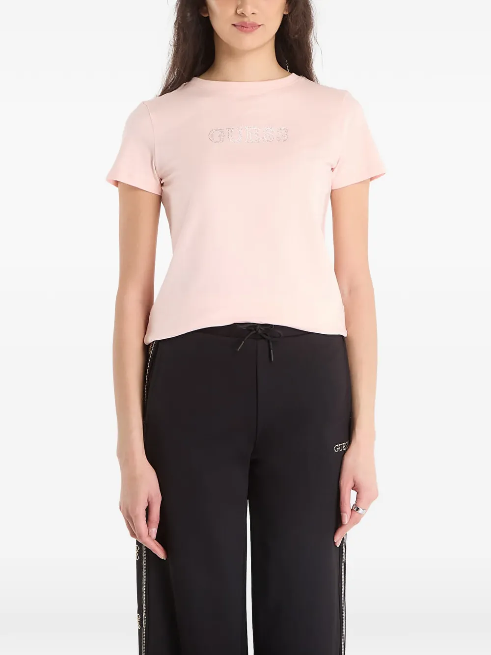 GUESS USA Briana rhinestone-logo T-shirt Roze