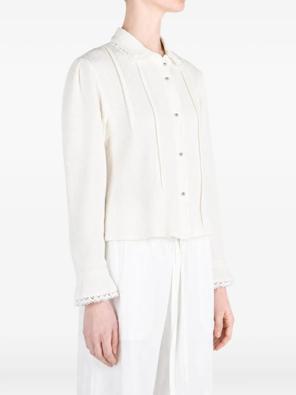Ann Demeulemeester Isaka lace-trimmed pintuck-detail shirt Beige