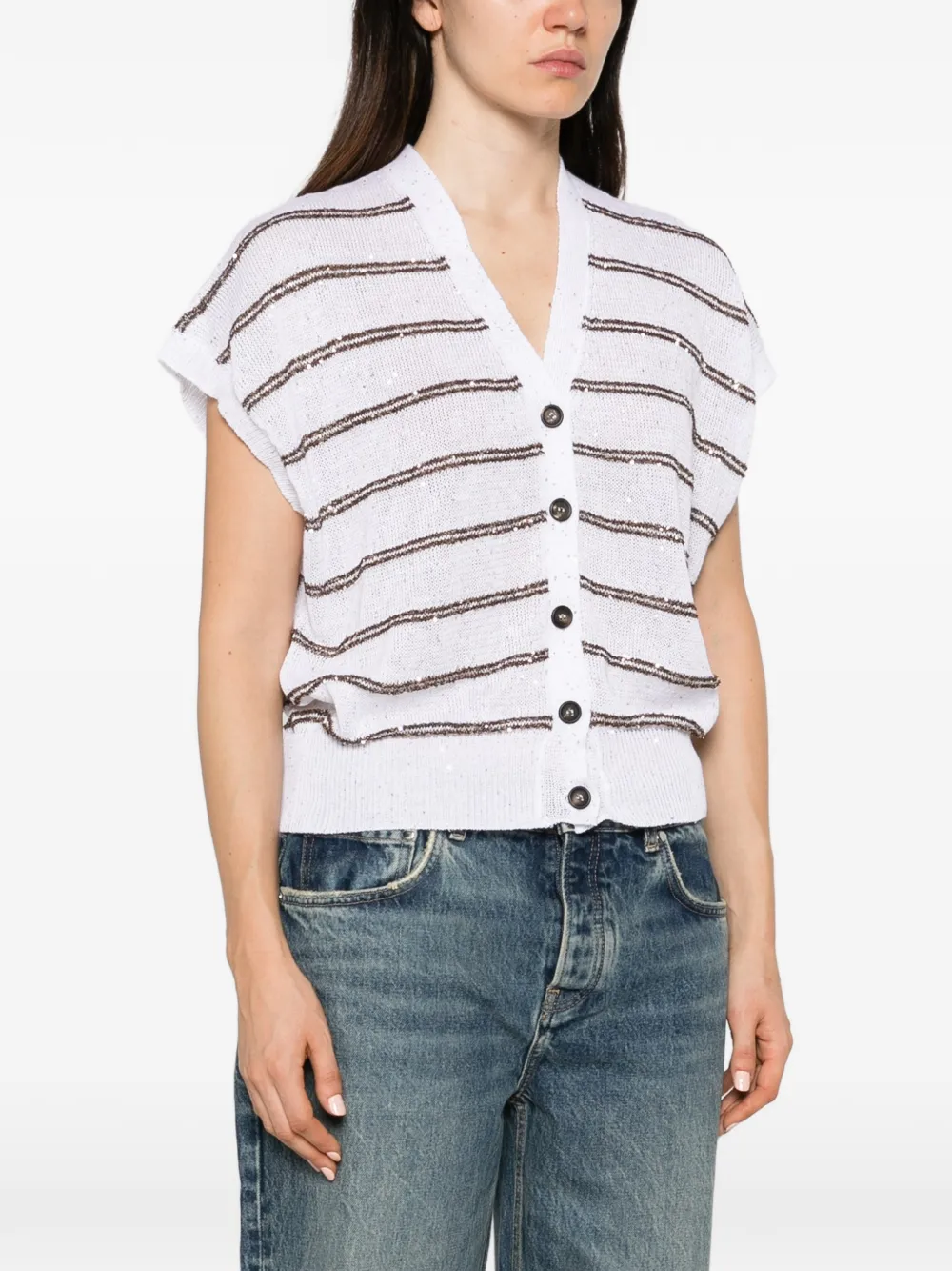 Brunello Cucinelli sequin-embellished striped cardigan Wit