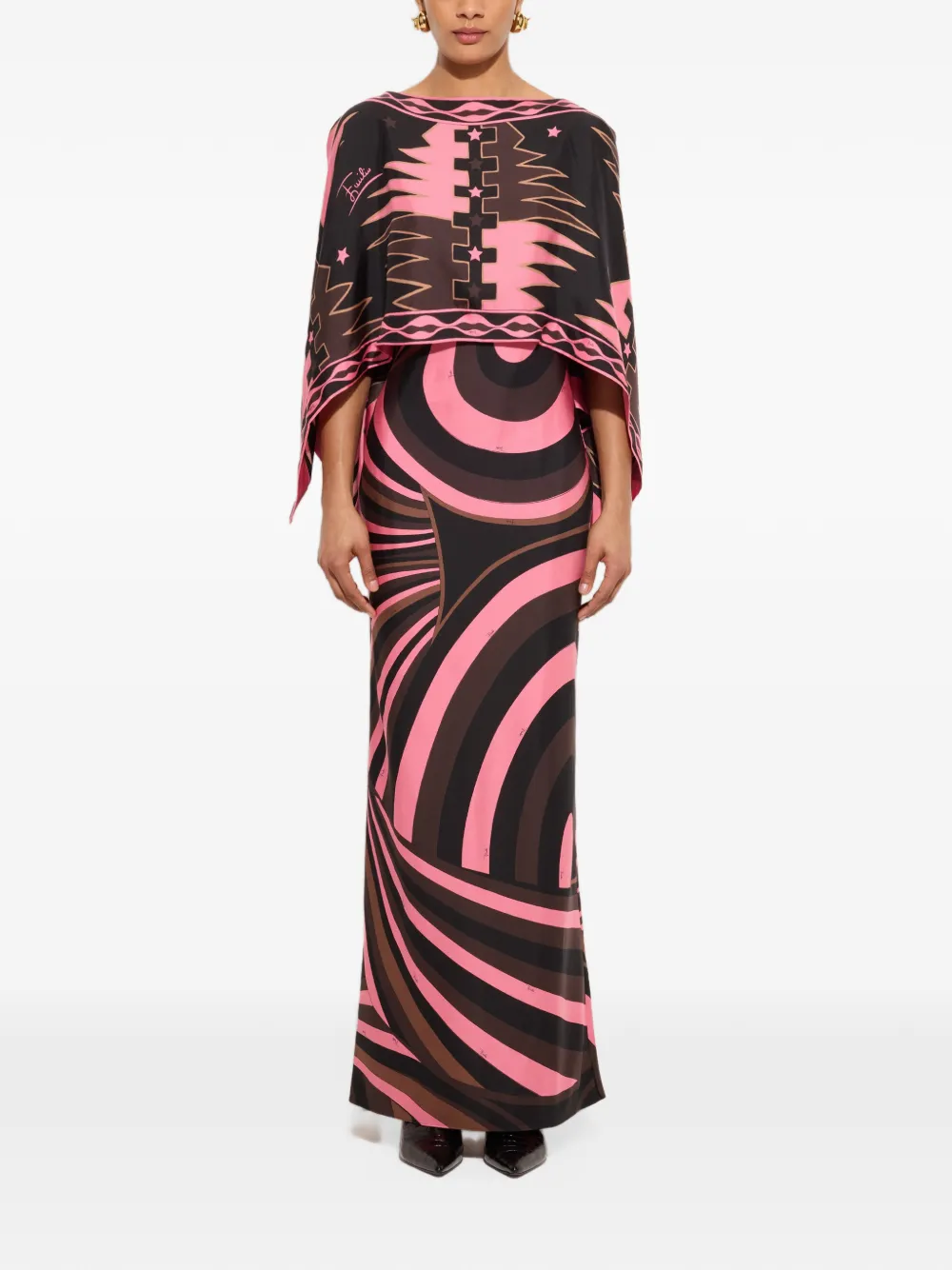 PUCCI Iride-print silk dress with cape Zwart
