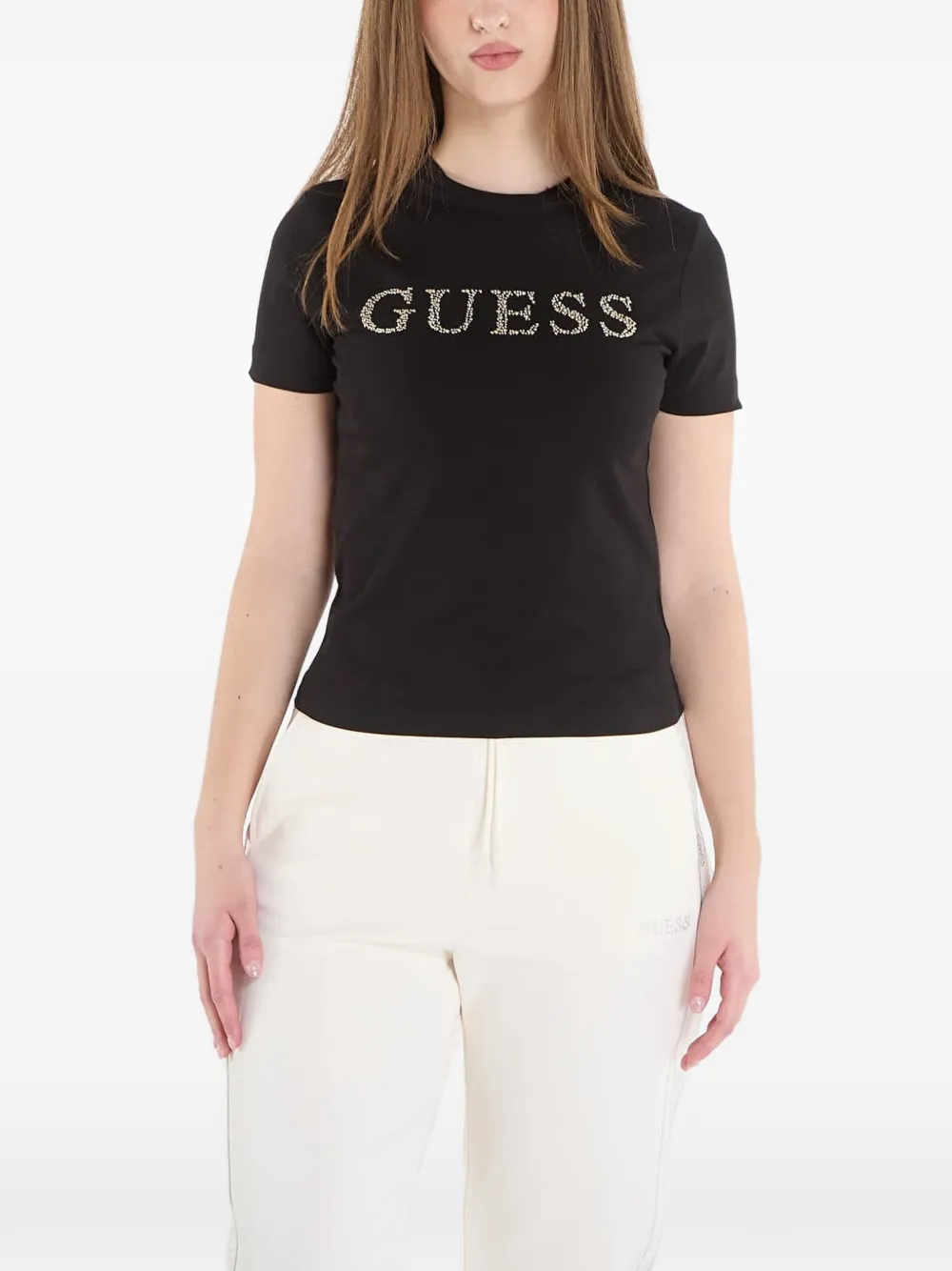 GUESS USA eco black octavia rhinestone active T-shirt Zwart