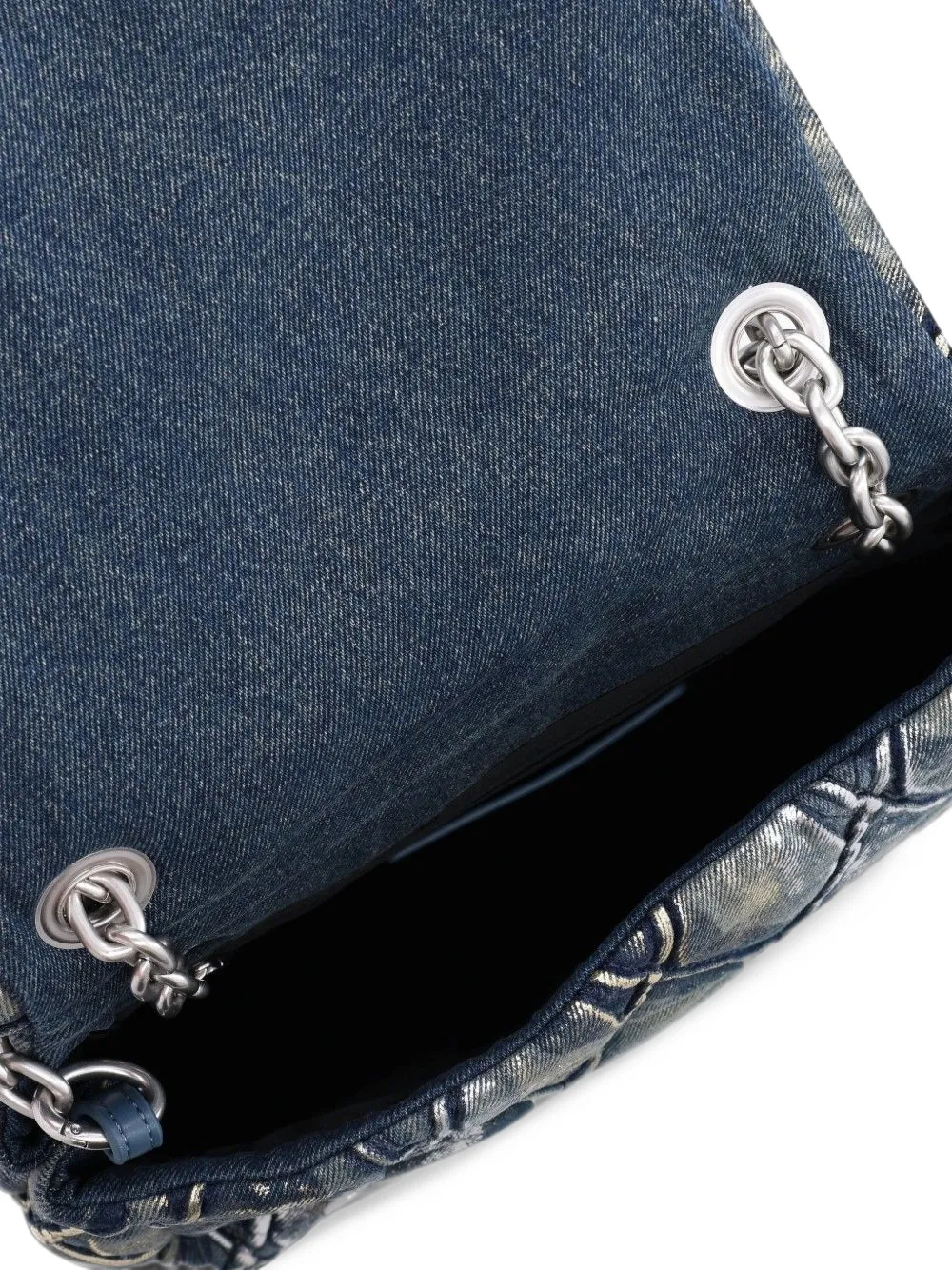 Diesel Charm-D shoulder bag in metallic-foil denim Blauw