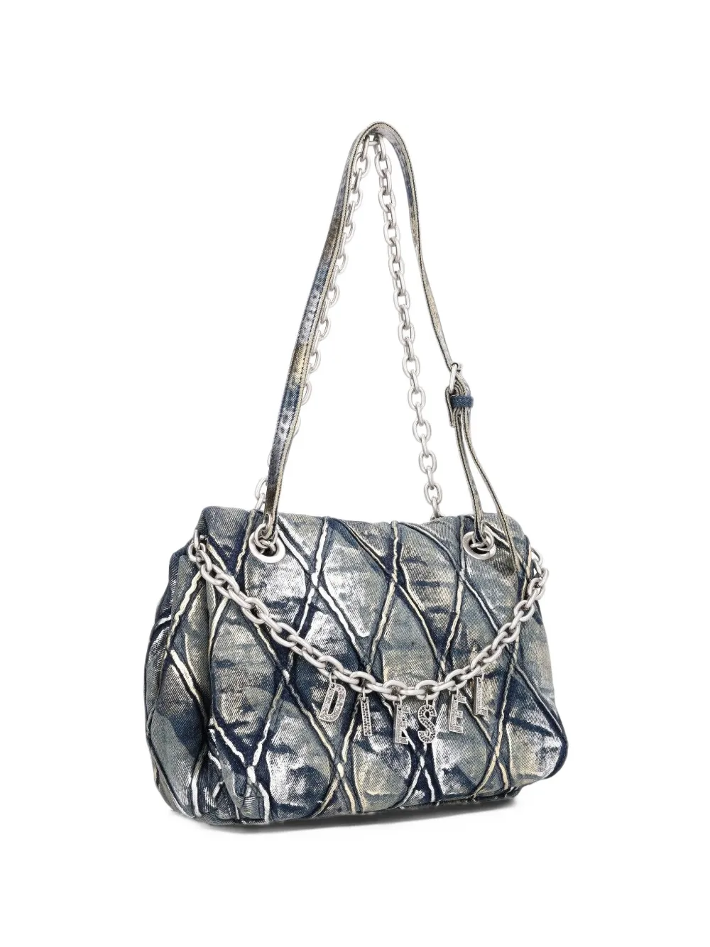 Diesel Charm-D shoulder bag in metallic-foil denim Blauw