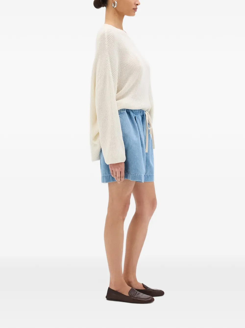 Another Tomorrow chambray drawcord shorts Blauw