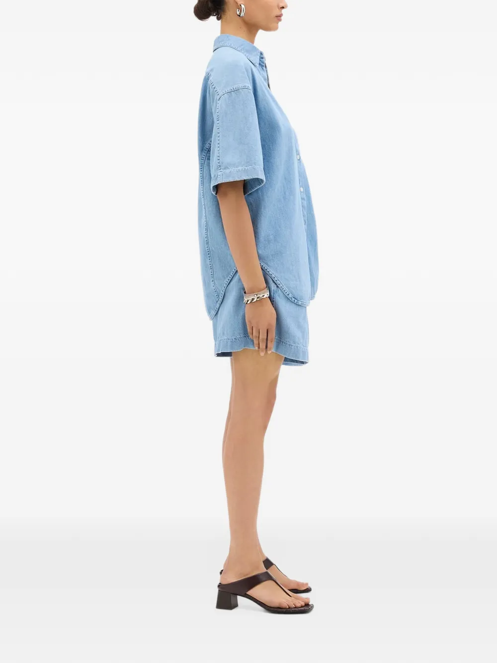 Another Tomorrow chambray short-sleeve denim shirt Blauw