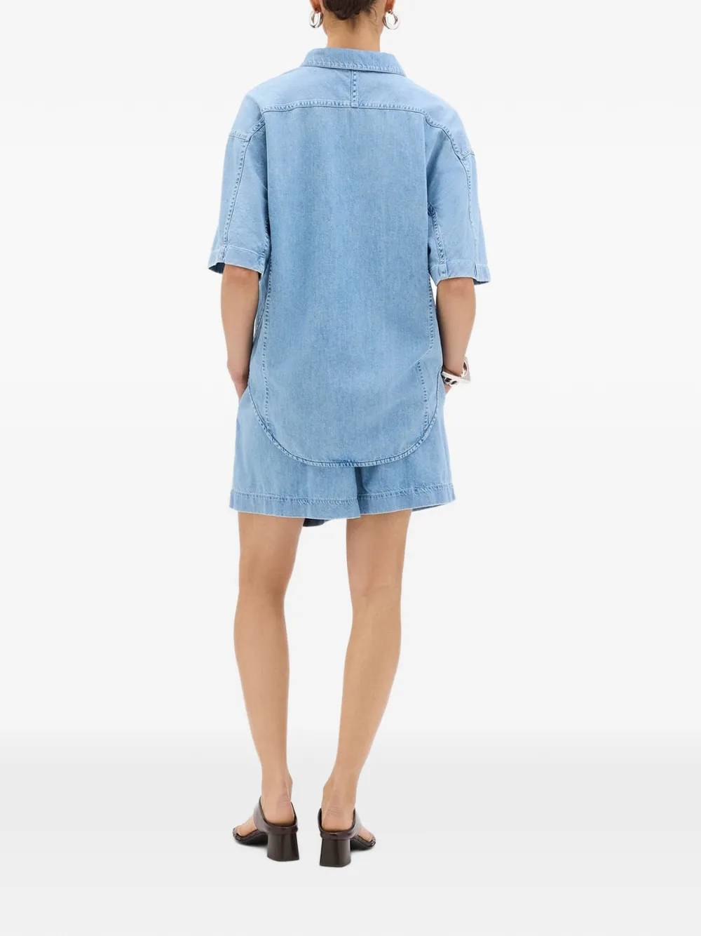 Another Tomorrow chambray short-sleeve denim shirt Blauw