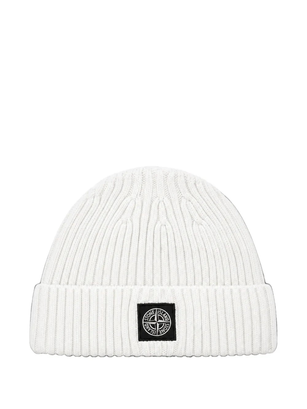 Stone Island Junior logo-patch ribbed-knit beanie hat Wit
