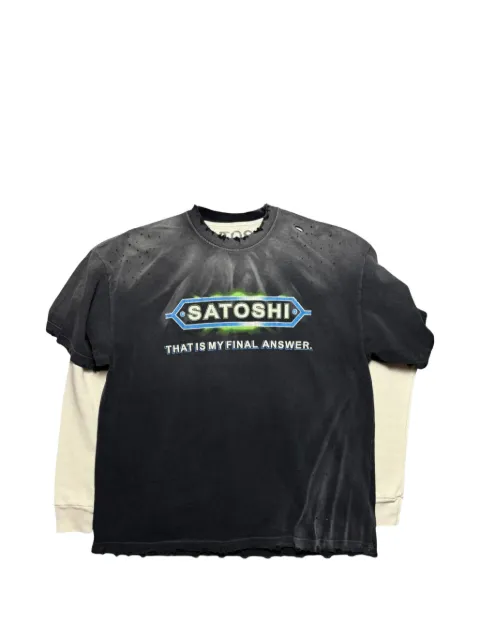 SATOSHI NAKAMOTO distressed layered-sleeve T-shirt