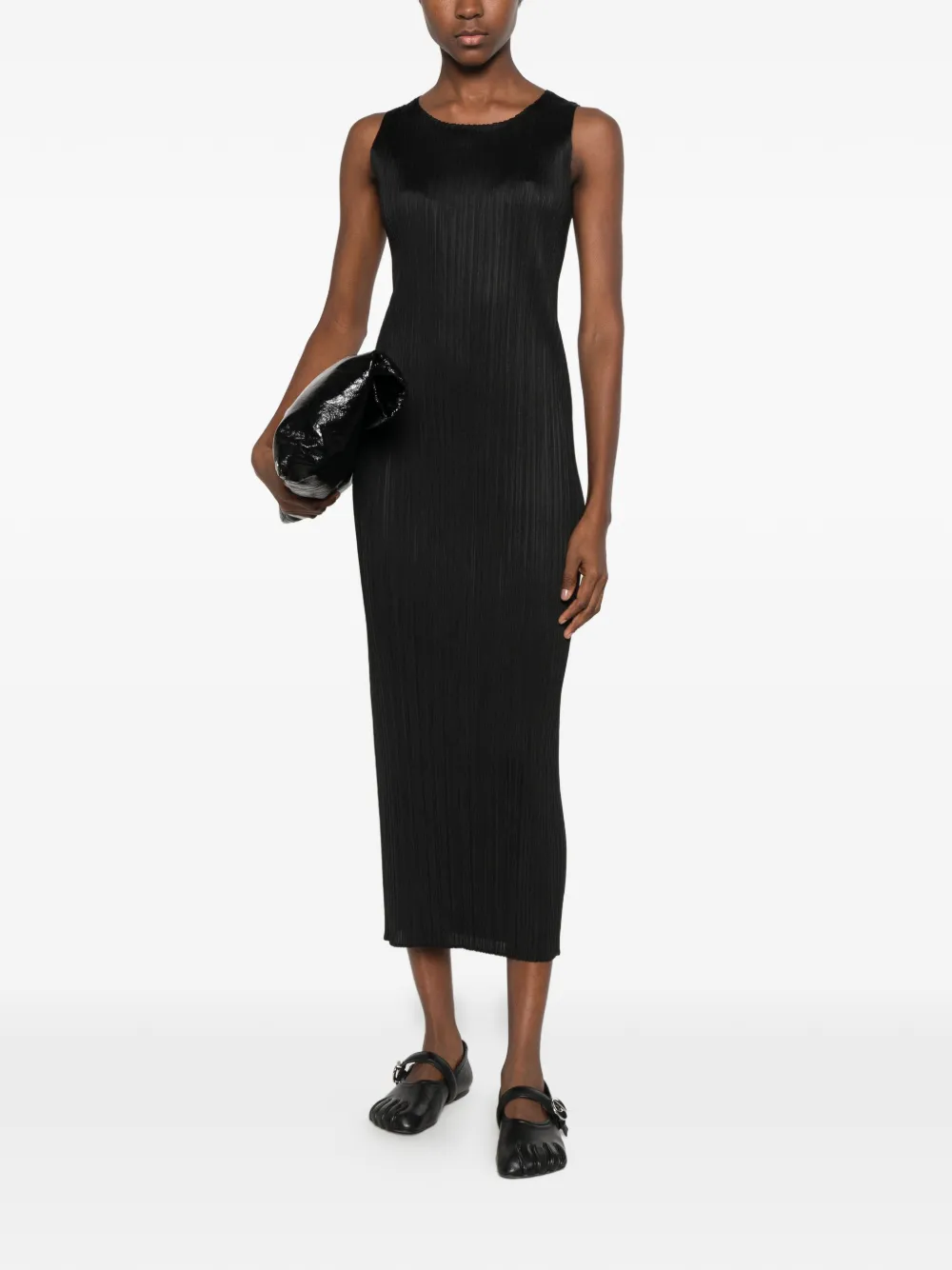 Pleats Please Issey Miyake pleated sleeveless maxi dress Zwart