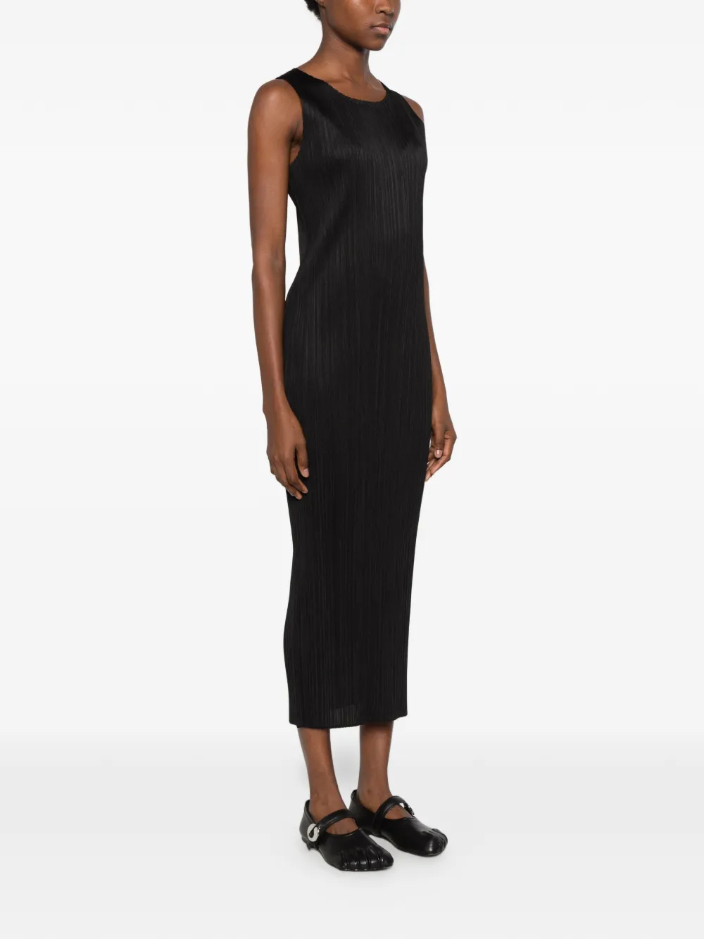 Pleats Please Issey Miyake pleated sleeveless maxi dress Zwart