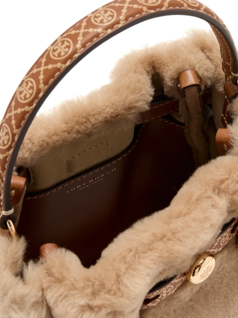 Tory Burch mini Romy shearling bucket bag Beige