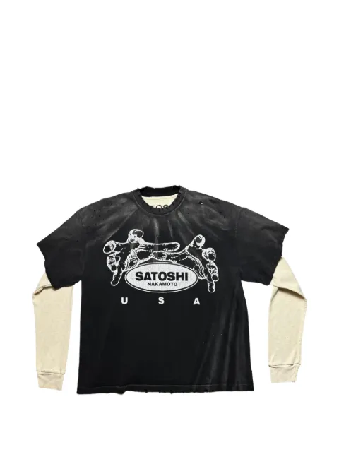 SATOSHI NAKAMOTO USA distressed layered-sleeve T-shirt