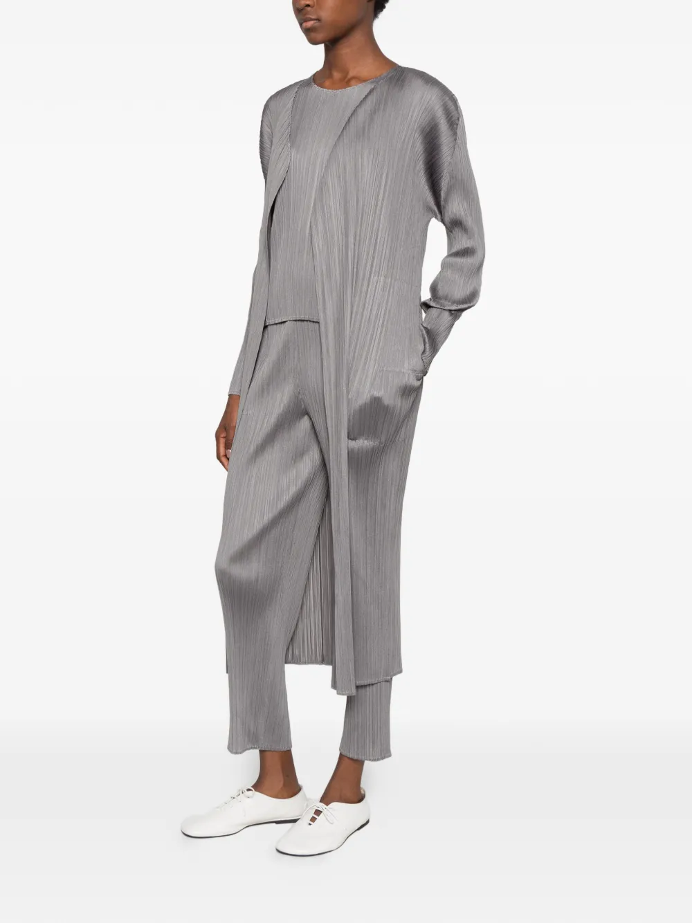Pleats Please Issey Miyake pleated long-line cardigan Grijs