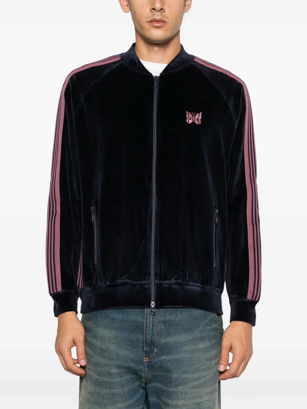 Needles velvet logo-embroidered jacket Blauw
