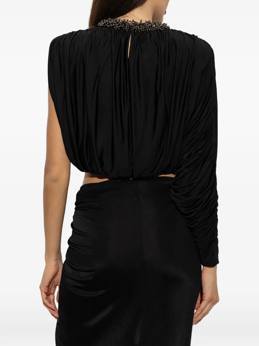 Self-Portrait black jersey asymmetric sleeve top Zwart