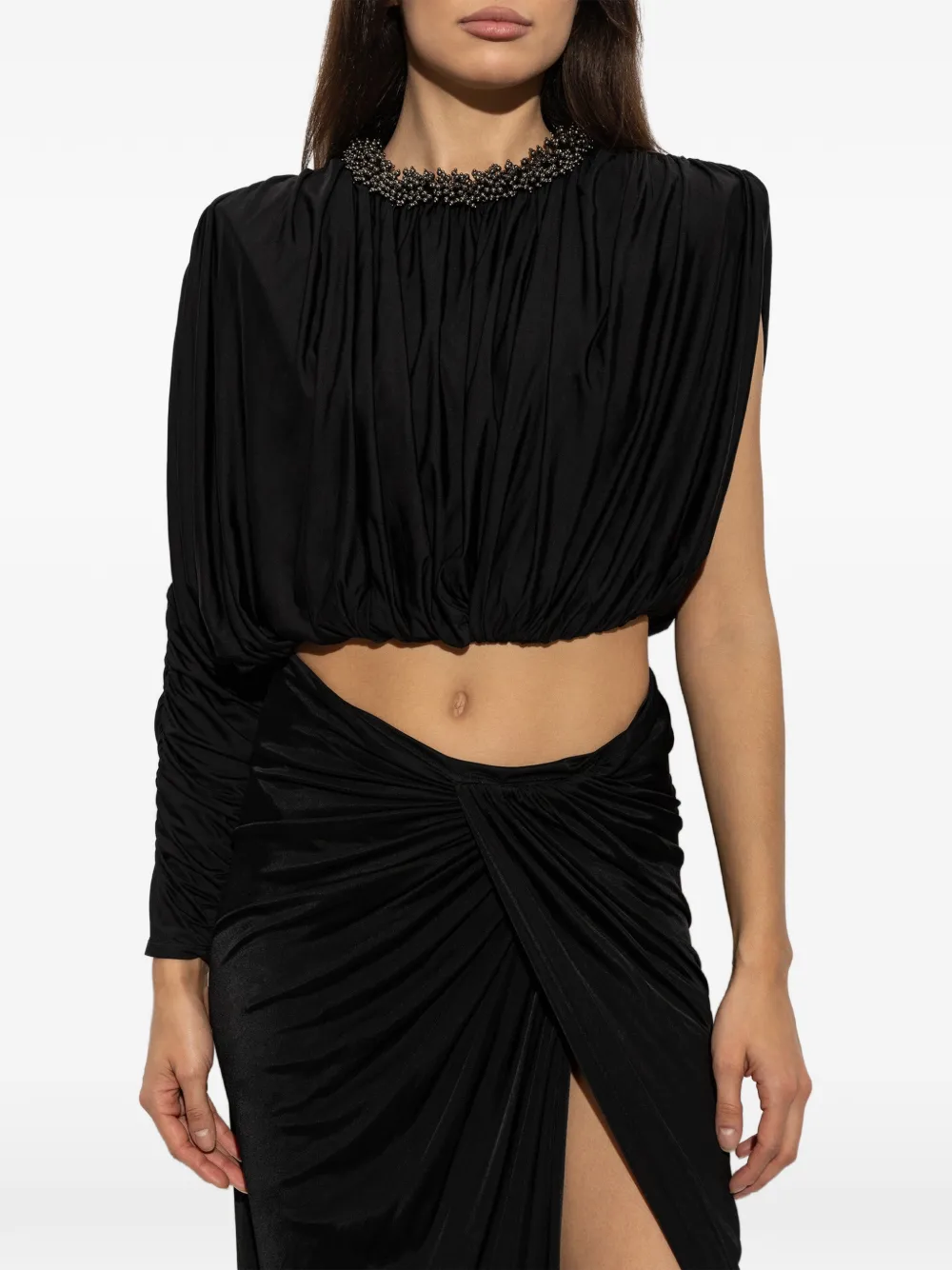 Self-Portrait black jersey asymmetric sleeve top Zwart