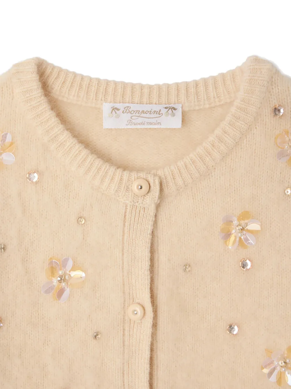 Bonpoint Méline sequin-embellished floral-appliqué cardigan Beige