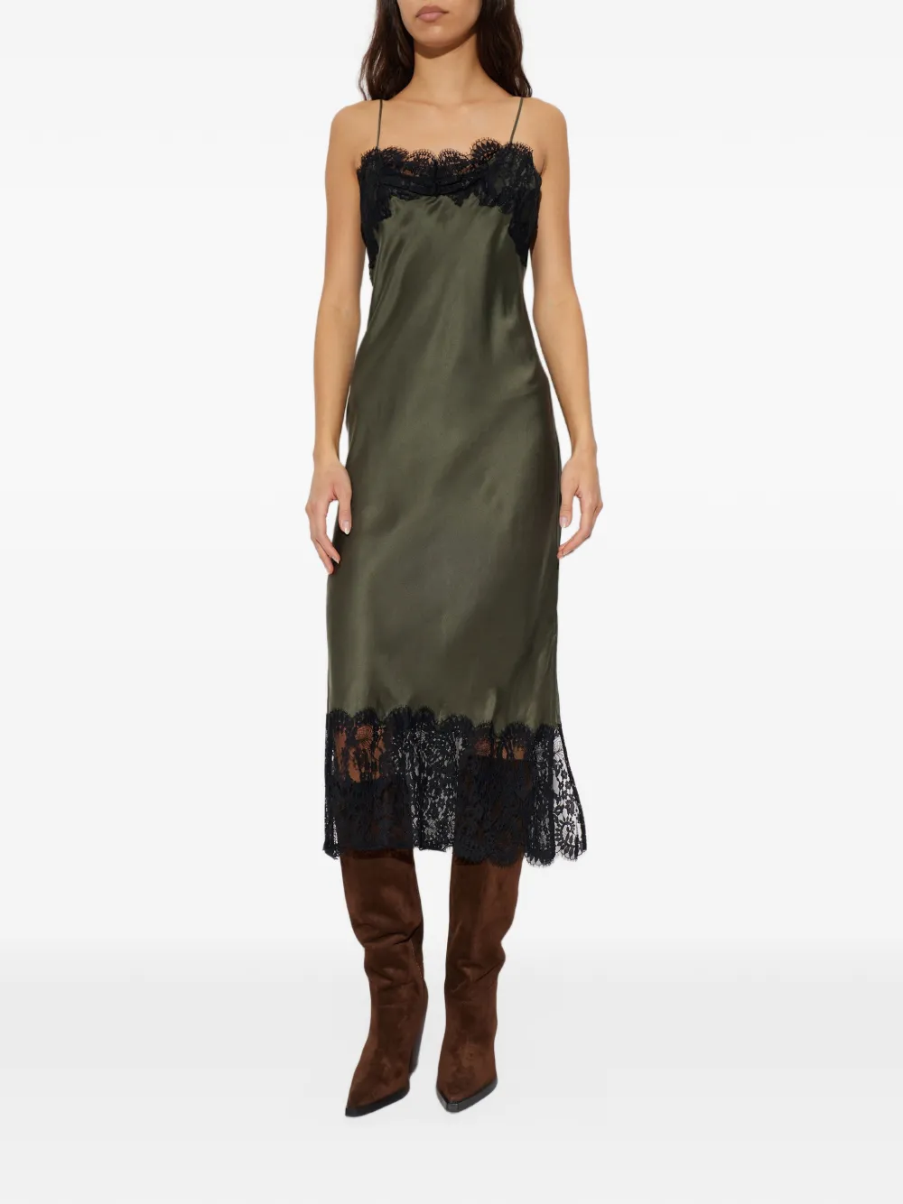 IRO lace-trim silk midi dress Groen