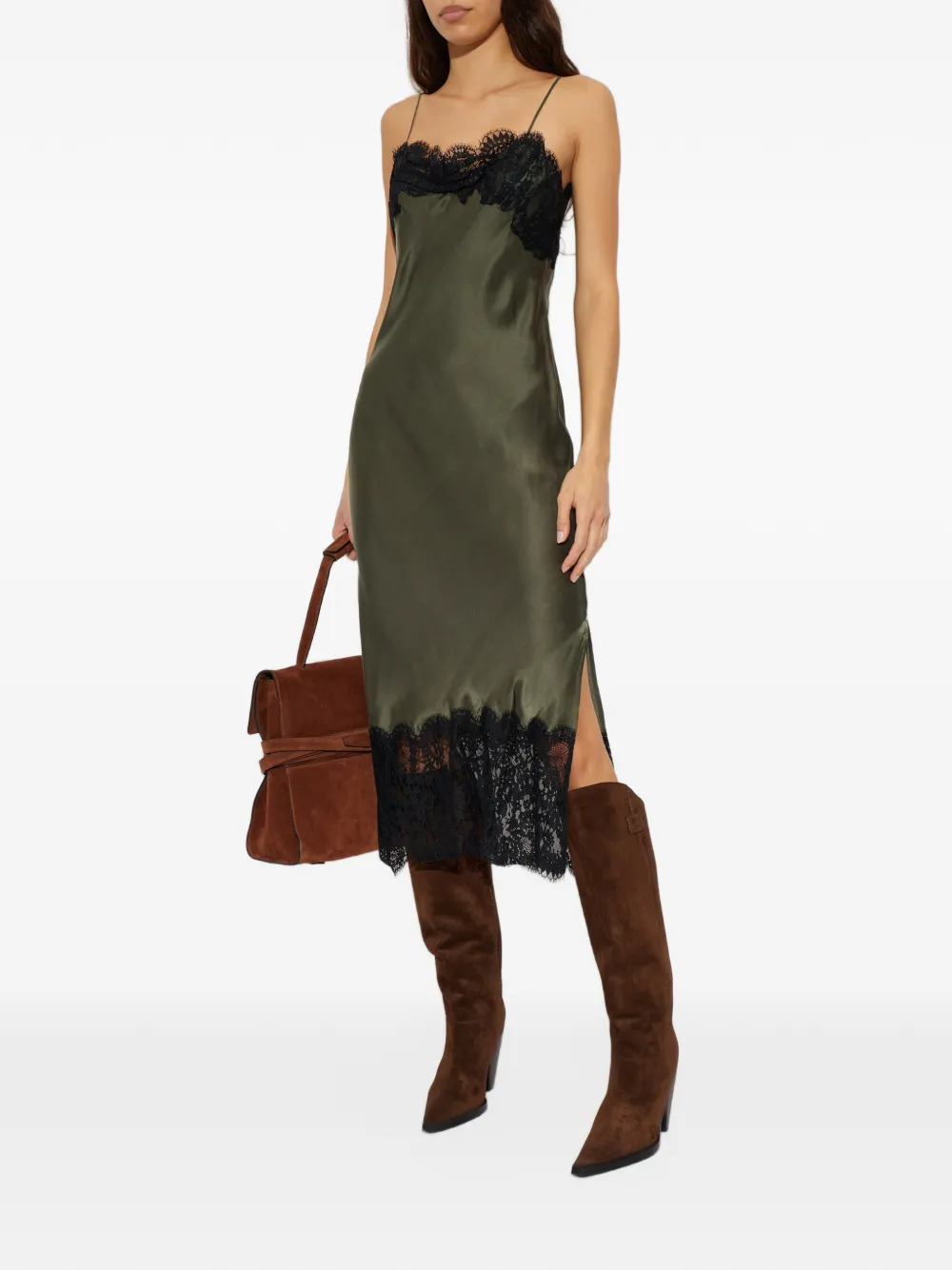 IRO lace-trim silk midi dress Groen