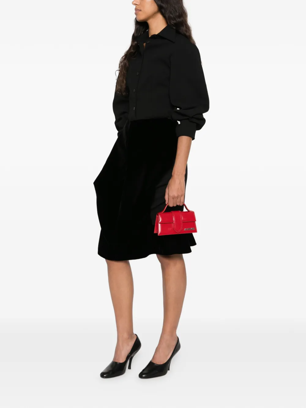 Jacquemus Paloma velvet-panelled ruffled midi skirt Zwart