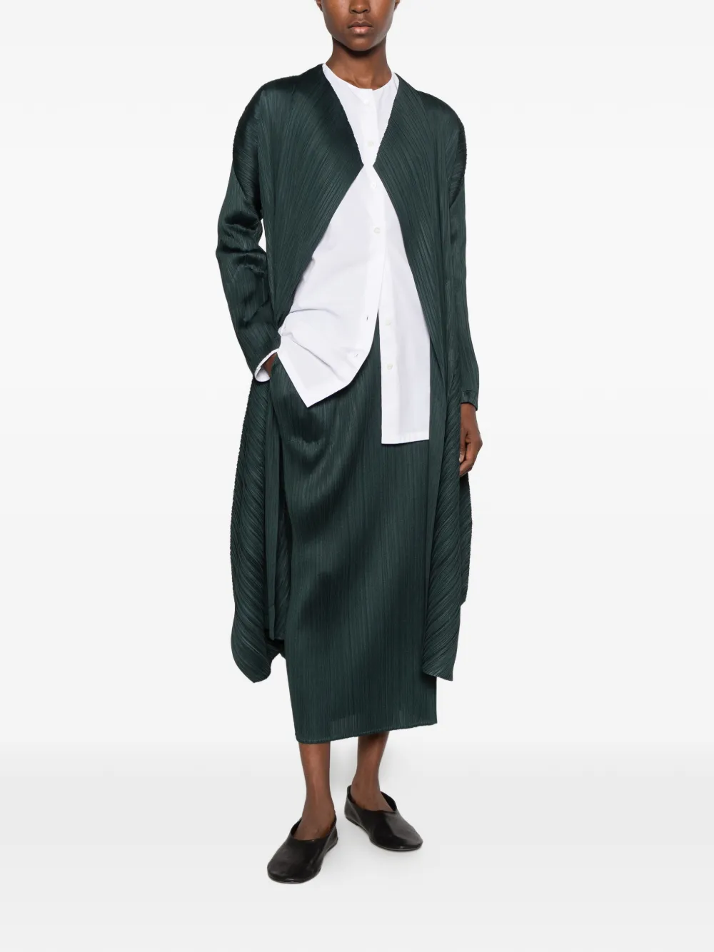 Pleats Please Issey Miyake pleated long-sleeve coat Groen