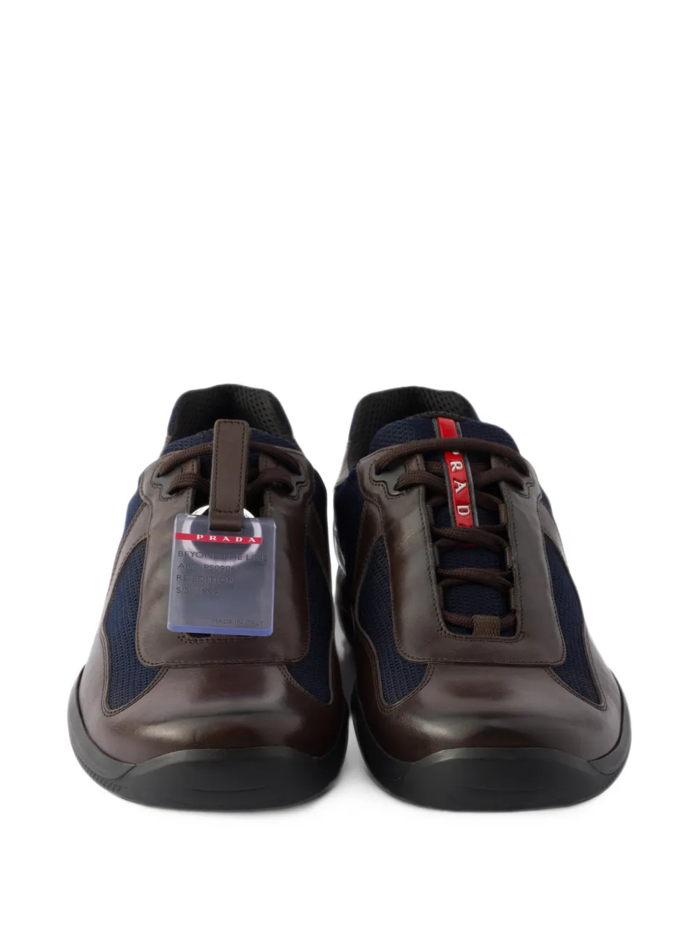 PRADA 아메리카스 컵 오리지널 스니커즈 브러시드 레더 및 바이크 패브릭