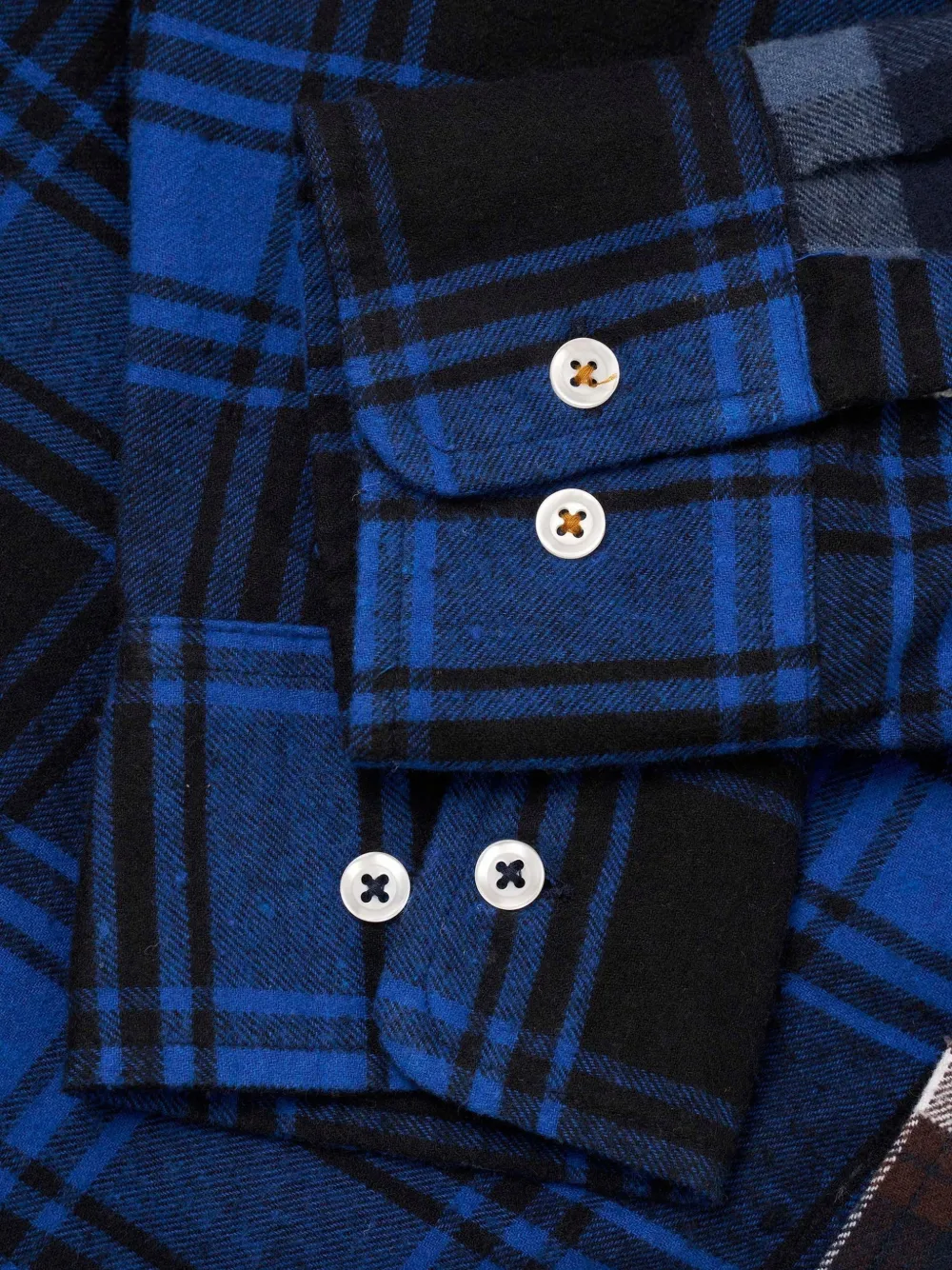 Universal Works Lazy Day patchwork check-pattern shirt Blauw