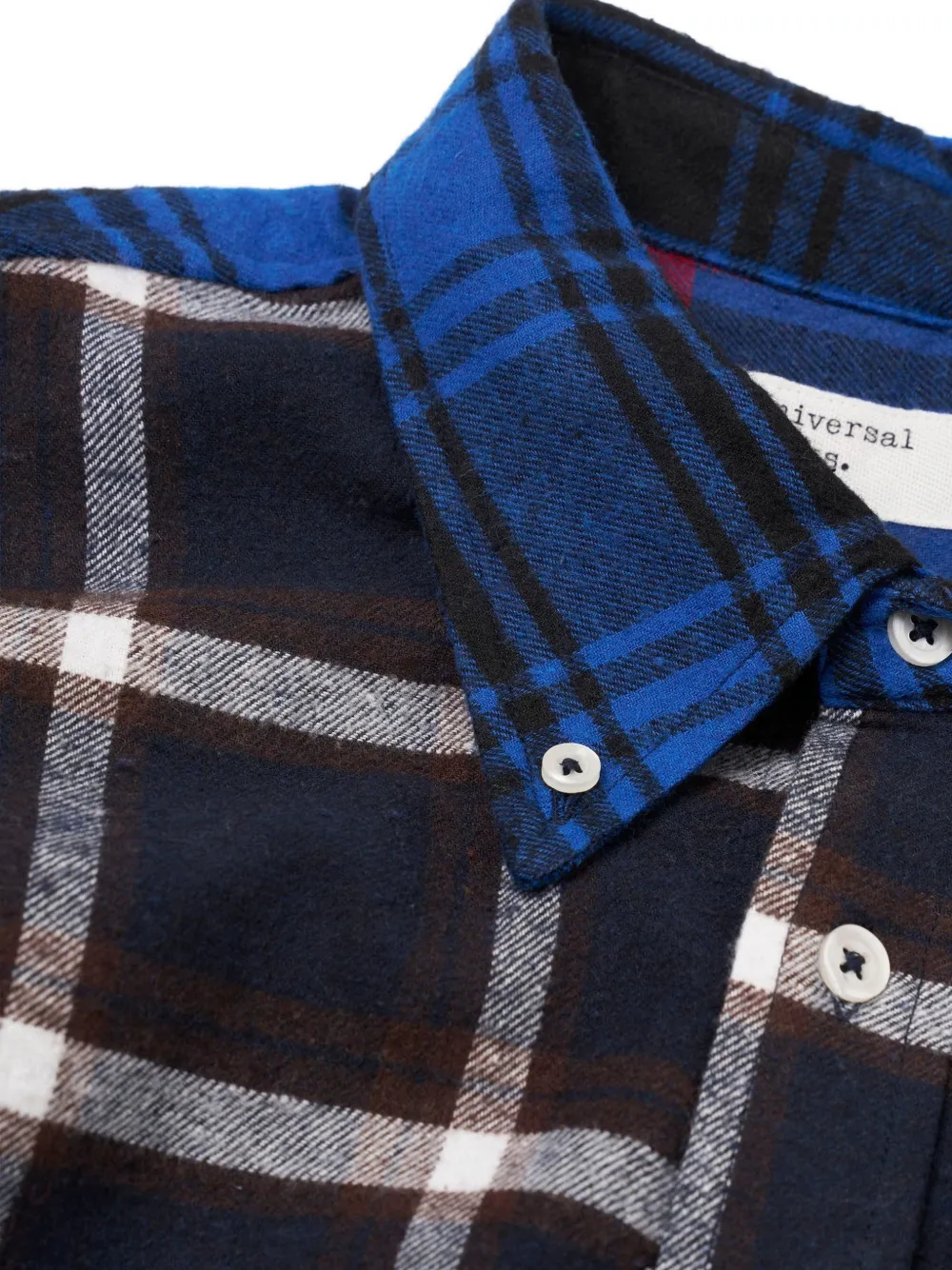 Universal Works Lazy Day patchwork check-pattern shirt Blauw
