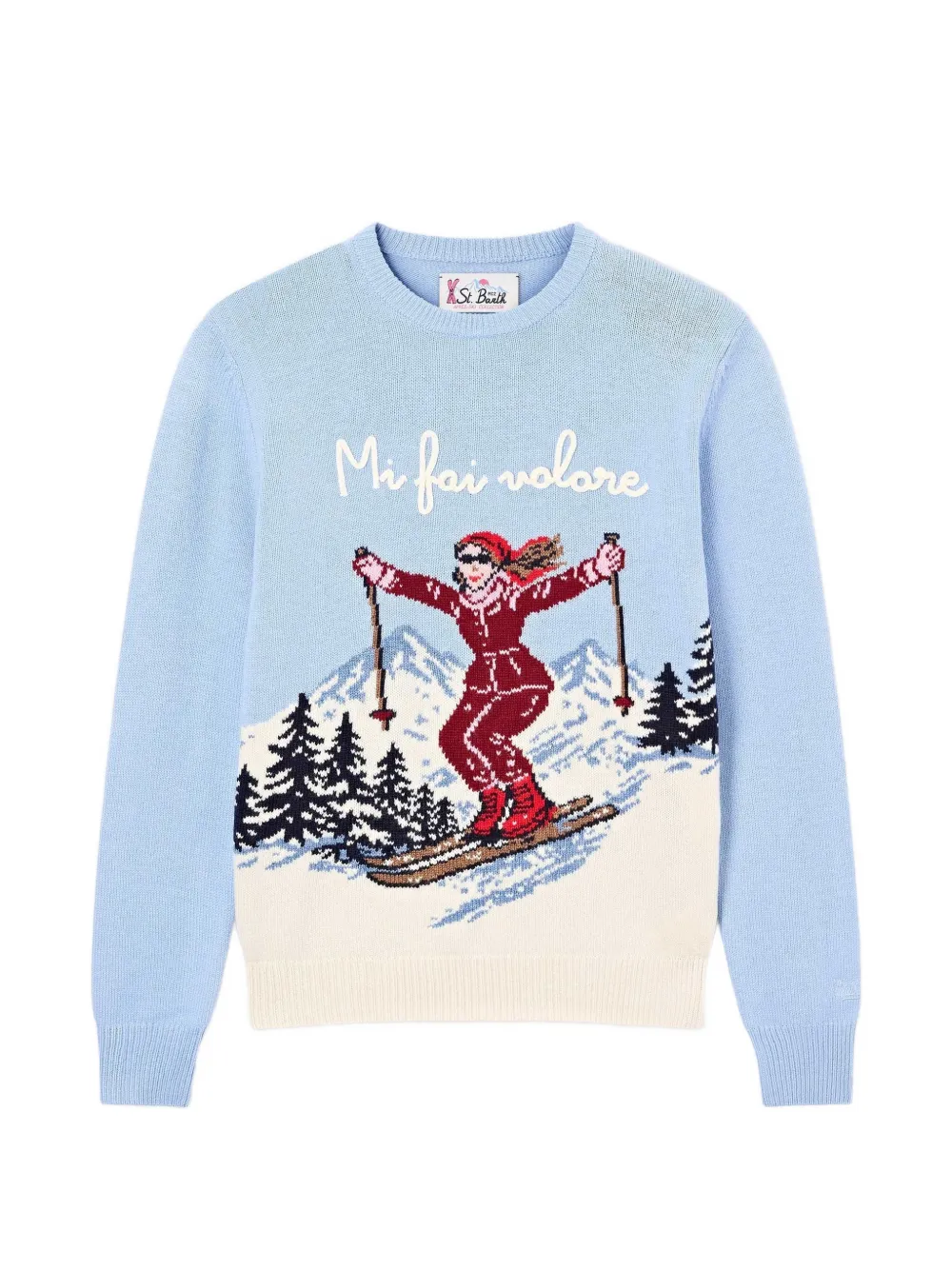 MC2 Saint Barth light blue New Queen crew-neck knit sweater with Mi Fai Volare embroidery Blauw