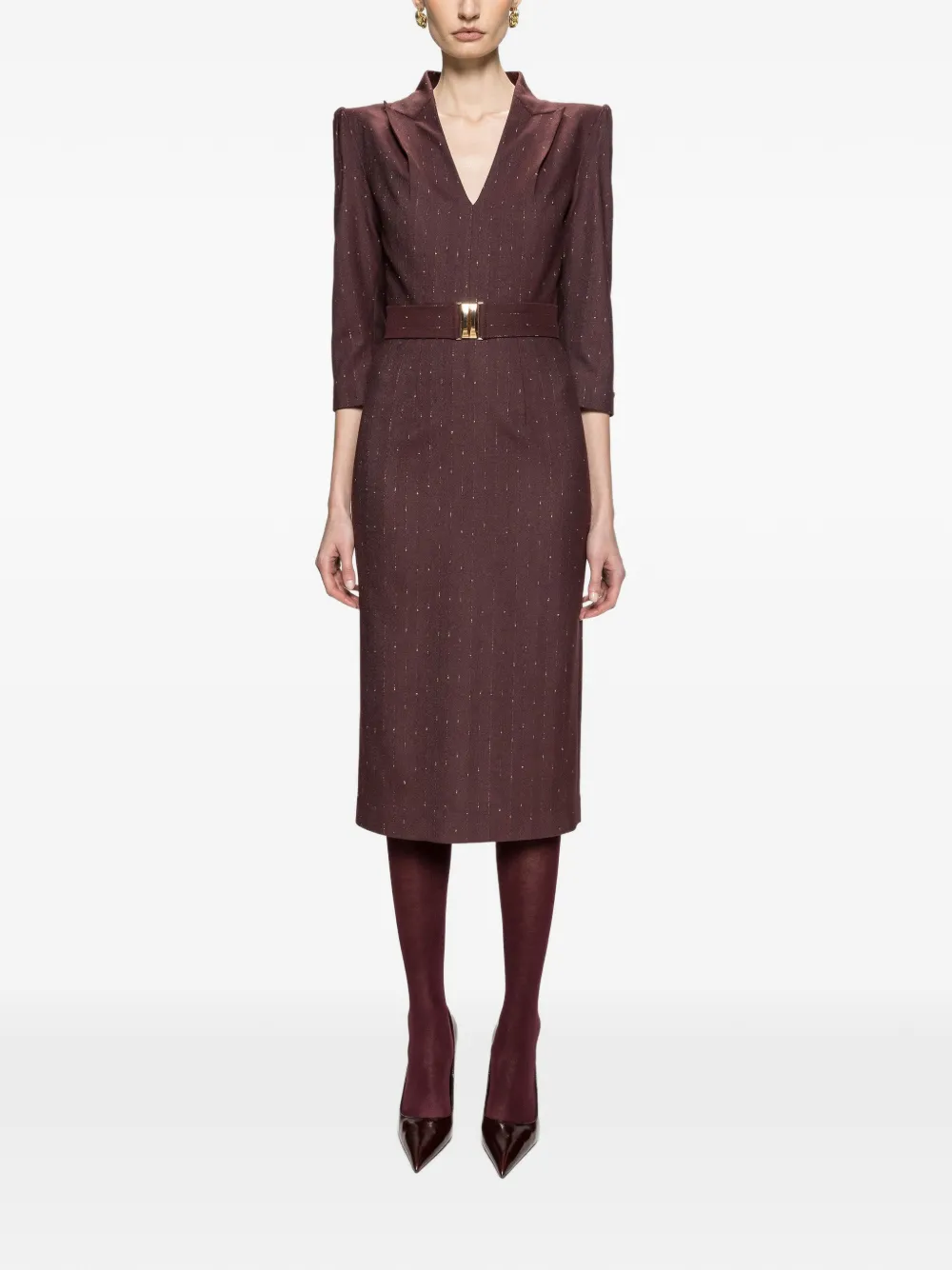 NISSA V-neck belted midi dress Rood