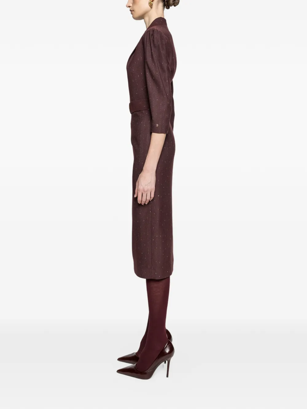 NISSA V-neck belted midi dress Rood