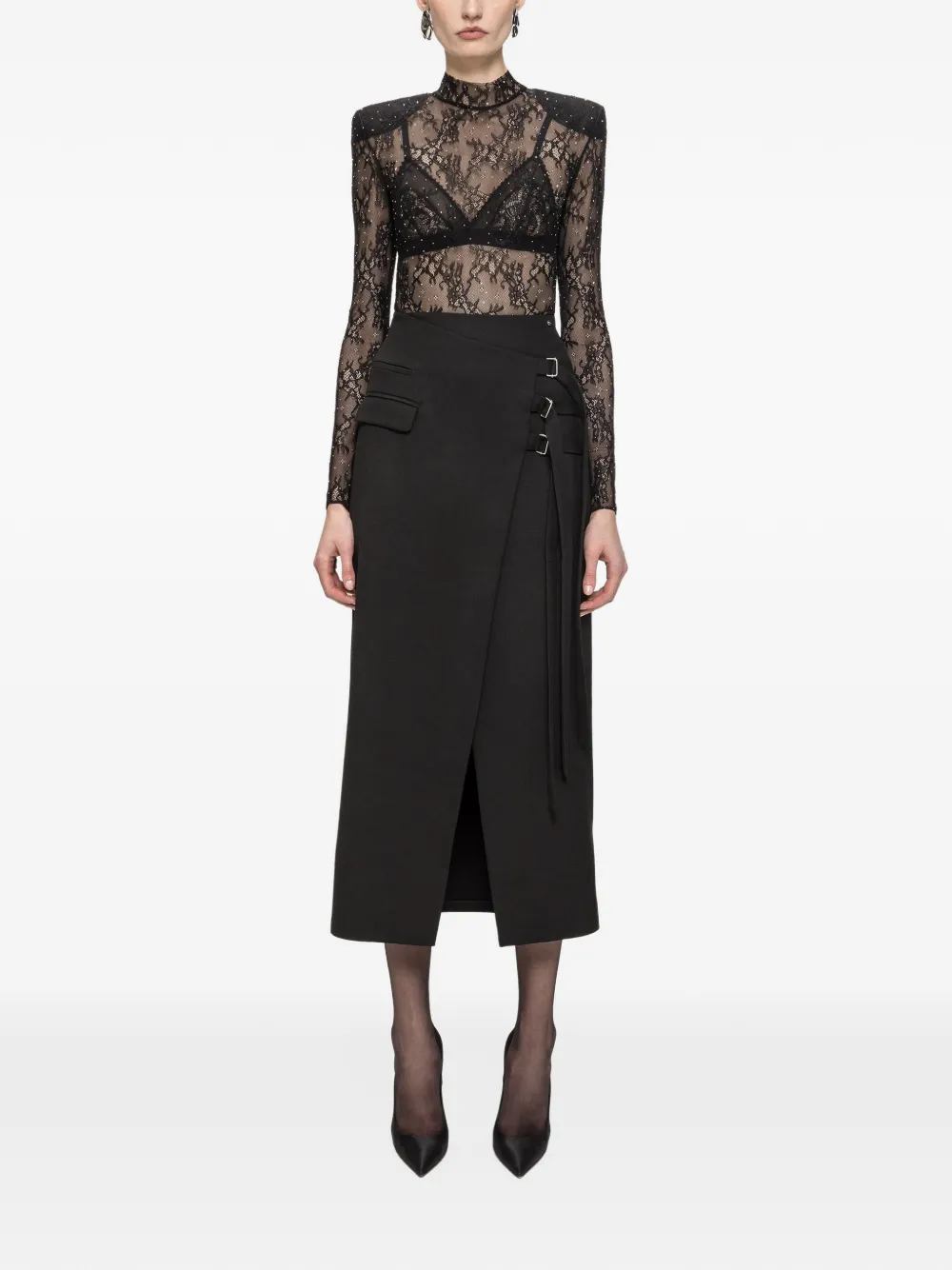 NISSA wool-blend wrap midi skirt Zwart