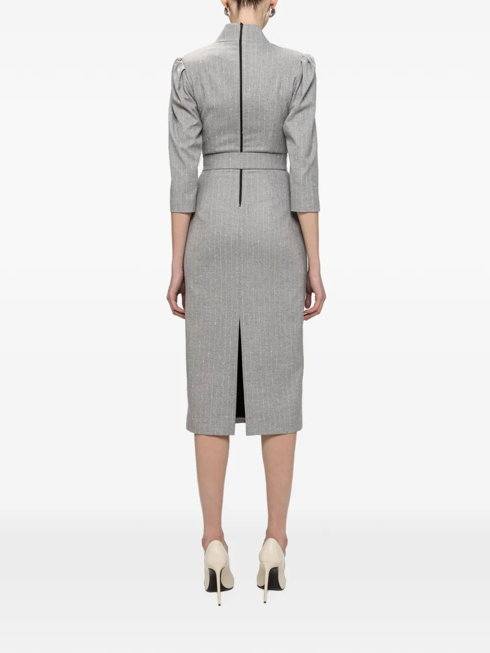 NISSA V-neck belted midi dress Grijs