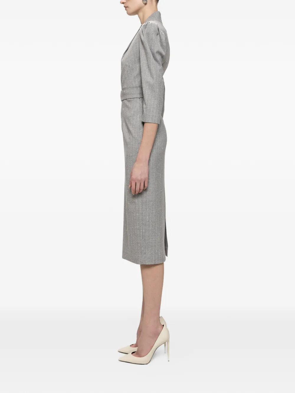 NISSA V-neck belted midi dress Grijs