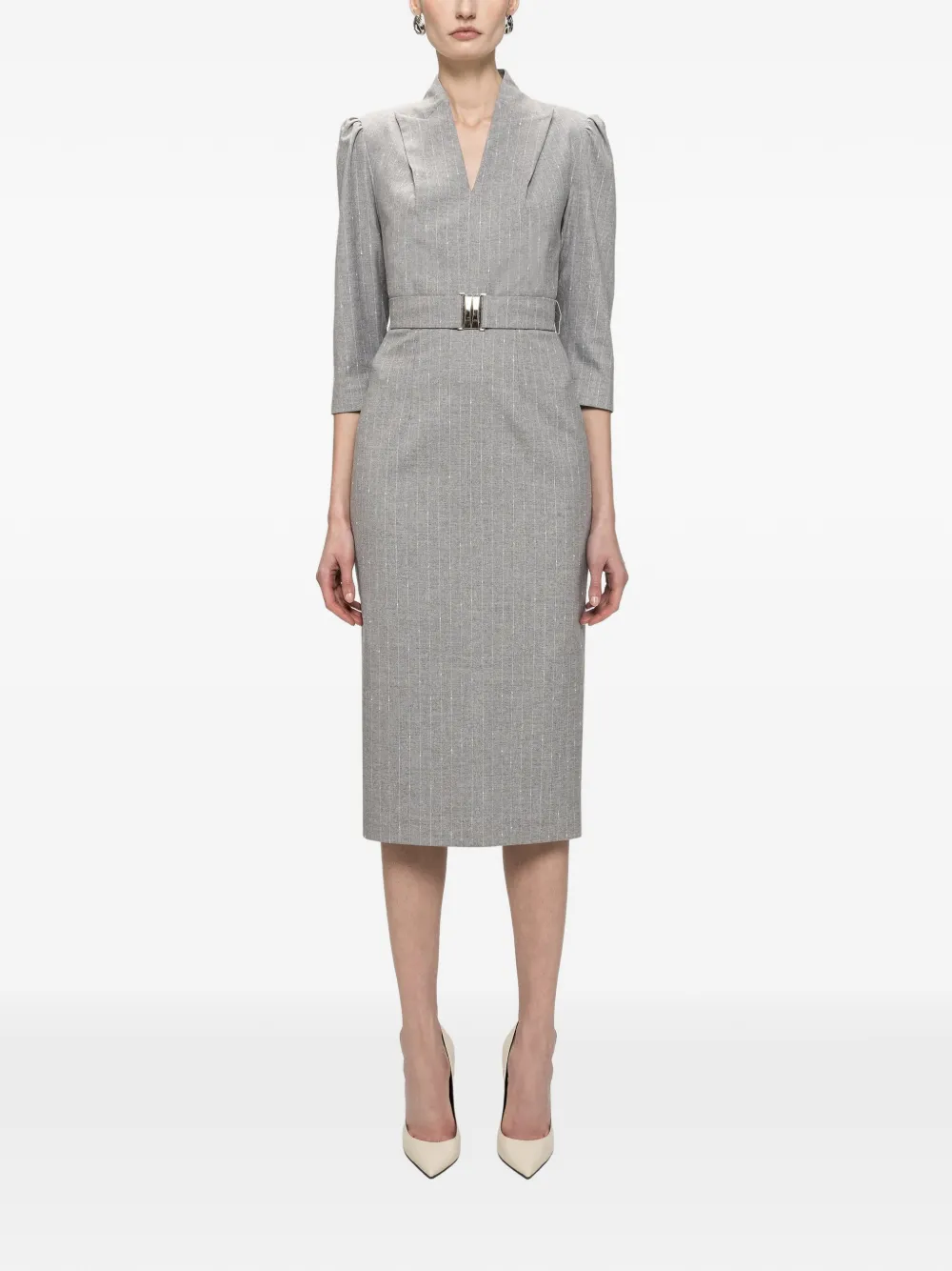 NISSA V-neck belted midi dress Grijs