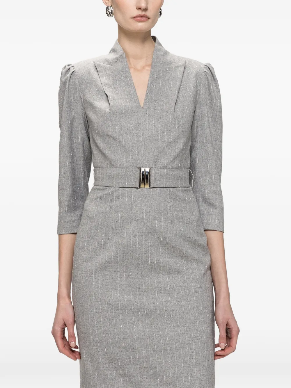 NISSA V-neck belted midi dress Grijs