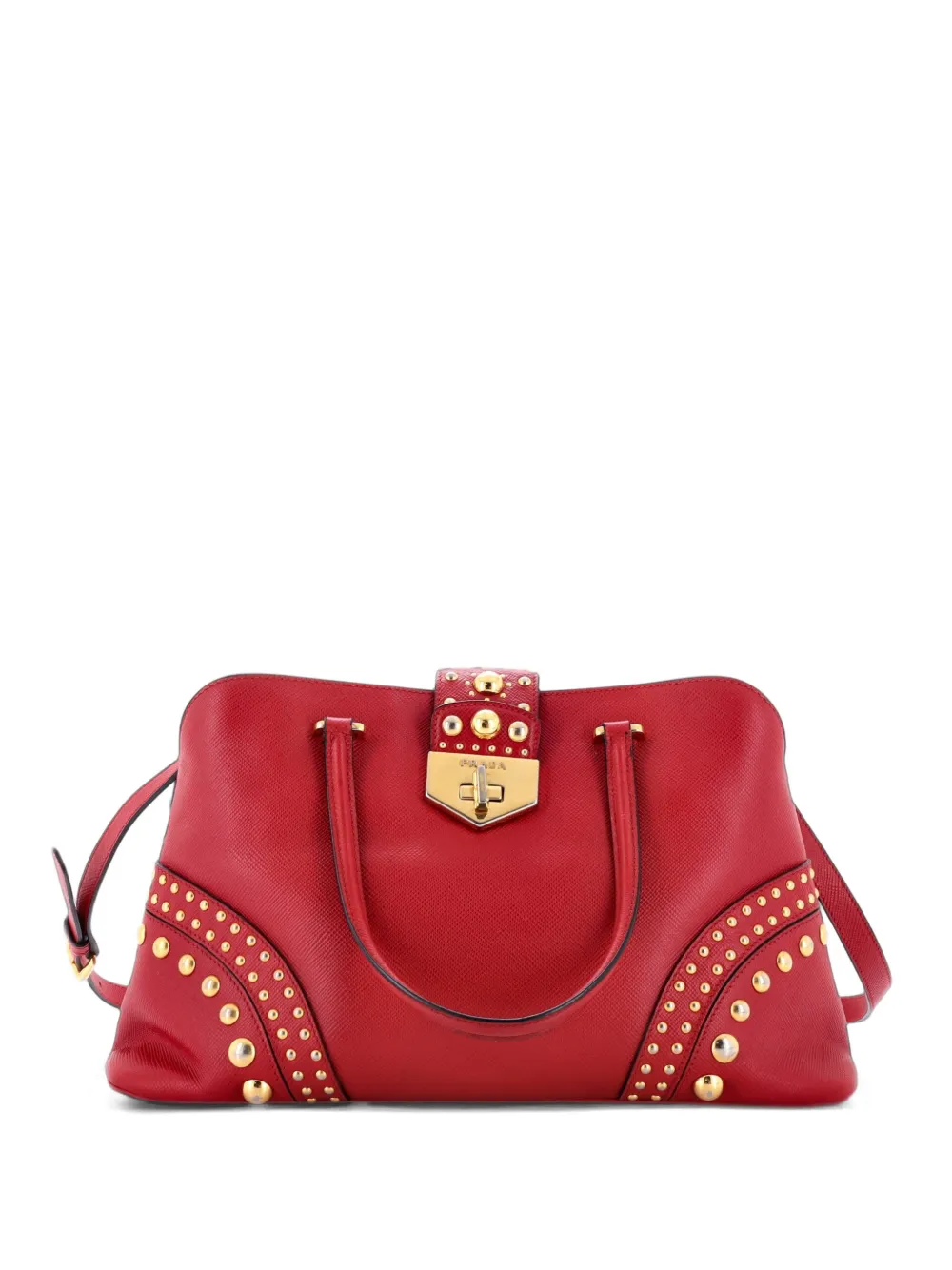 Prada Pre-Owned Convertible Turnlock Dome Studded Saffiano Leather Medium satchel - Rosso