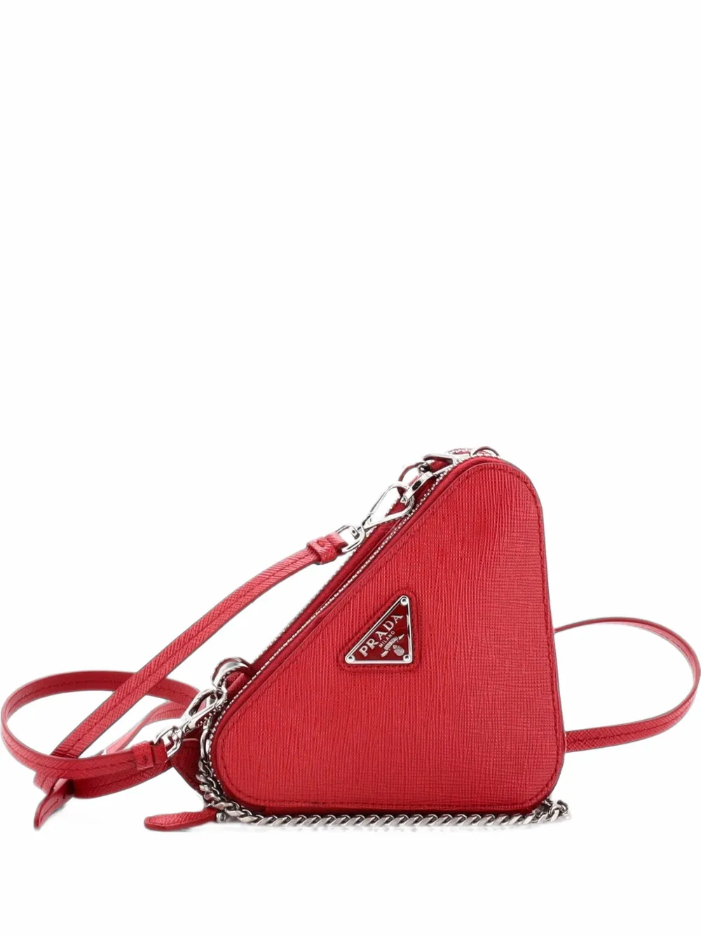 Prada Pre-Owned Triangle Double Zip Pouch Bag with Chain Saffiano Leather Mini crossbody bag - Rosso
