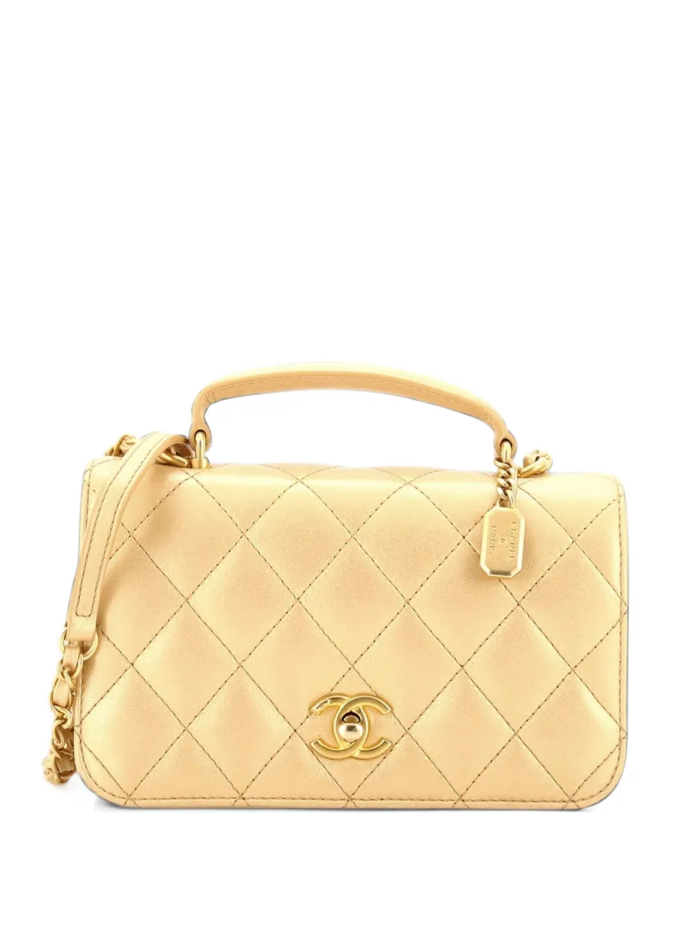 CHANEL Pre-Owned CC Top Handle Chain Full Flap Bag Quilted Lambskin Mini satchel - Gold