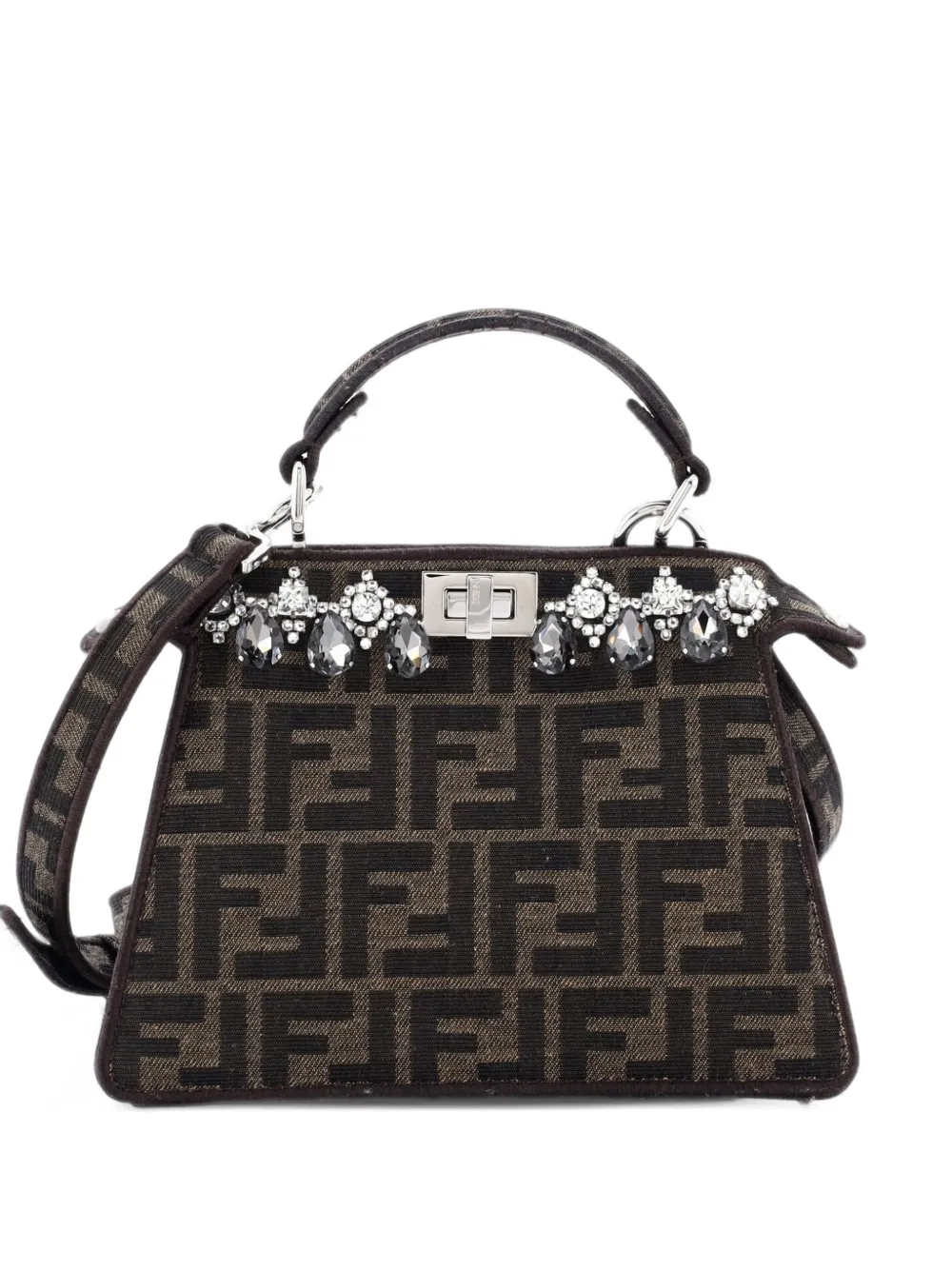 Fendi Pre-Owned Peekaboo ISeeU Bag Crystal Embellished Zucca Canvas Petite satchel - Braun