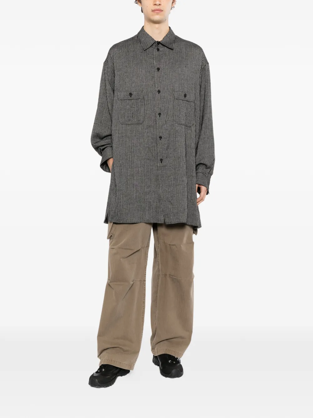 Yohji Yamamoto Gemêleerd lang overhemd met verticale strepen Zwart