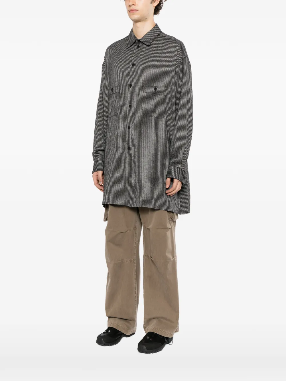 Yohji Yamamoto Gemêleerd lang overhemd met verticale strepen Zwart