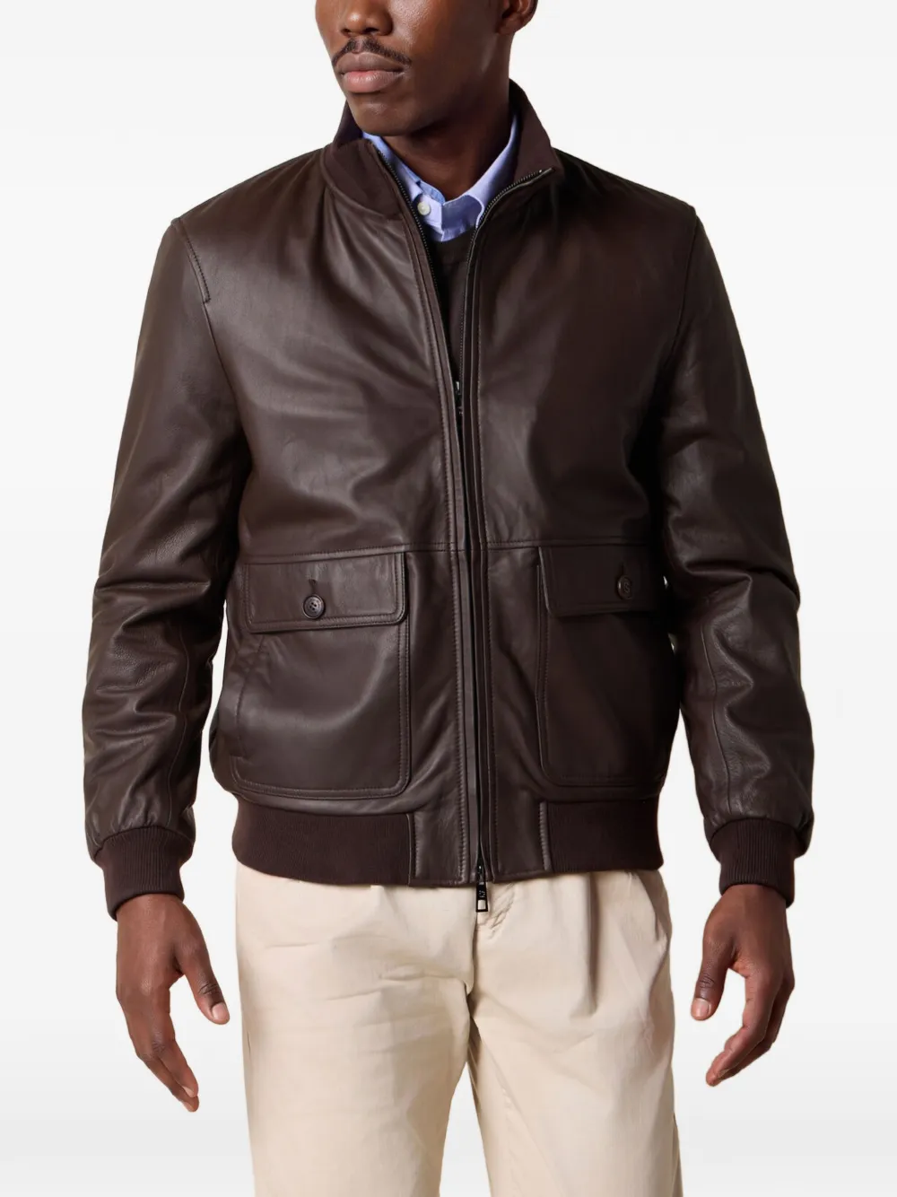 Brooks Brothers knit-collar leather jacket - Marrone